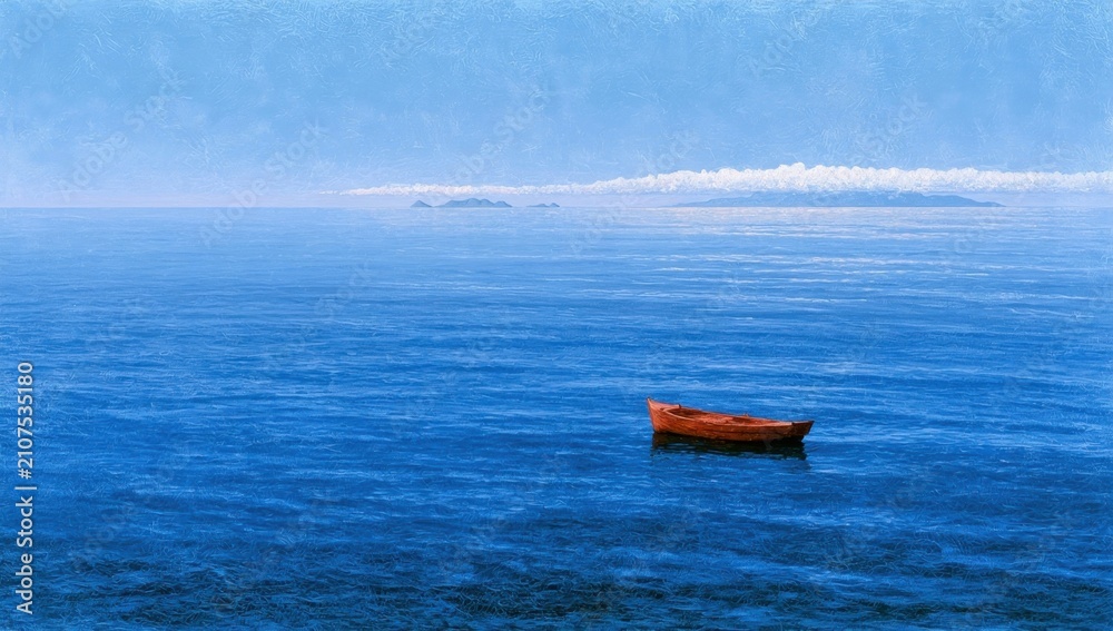 Fototapeta premium Small orange rowboat floating on a vast deep blue ocean under a cloudy sky