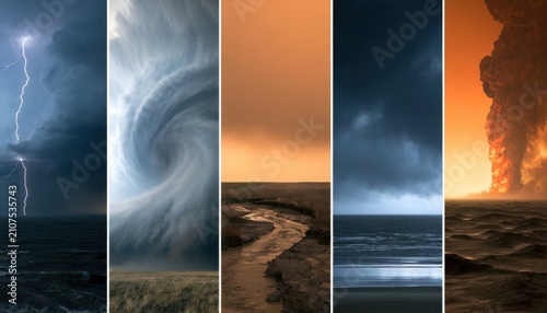Collage of five vertical images showing weather and natural phenomena over ocean and landscape