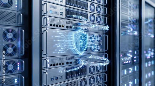 Digital illustration of cybersecurity protection with a shield icon over server racks in a data center representing network safety.