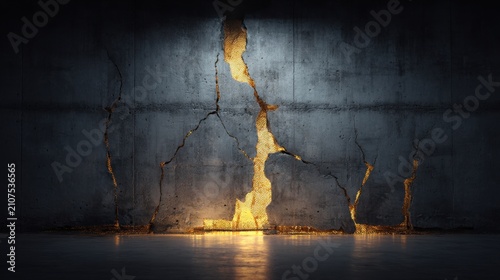 Cracked Concrete Wall with Glowing Light in Dark Industrial Setting Showcasing Texture and Depth of Urban Environment