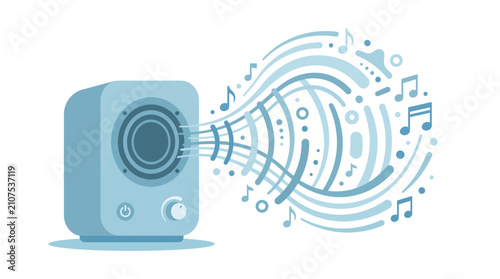 Cartoon illustration of a portable wireless speaker emitting musical sound waves