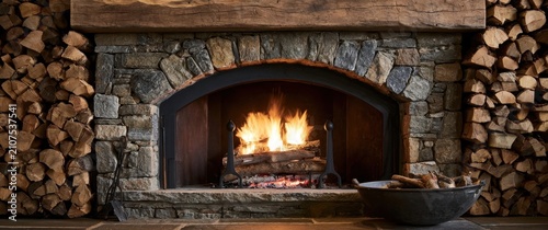 Stone fireplace with burning fire and stacked firewood logs in rustic cabin interior