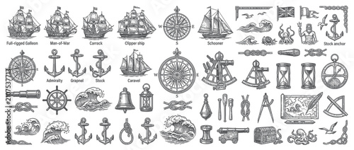Fotografie Vintage Nautical Symbols and Ships Sketch Collection