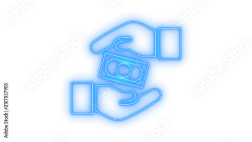 Neon icon representing hands holding a paper money bill signifying financial help donation salary savings payment or business transaction isolated on transparent background