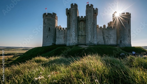 Strong medieval castle built of light grey stone standing on grassy hill with sunburst