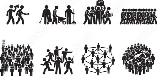 Black and white stick figure depicting social activities, group gatherings, community work, protest, communication, and networking