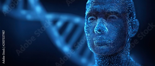 Blue particle wireframe virtual human face with DNA helix, genetic artificial intelligence biometrics, wide backdrop for digital medical life science research