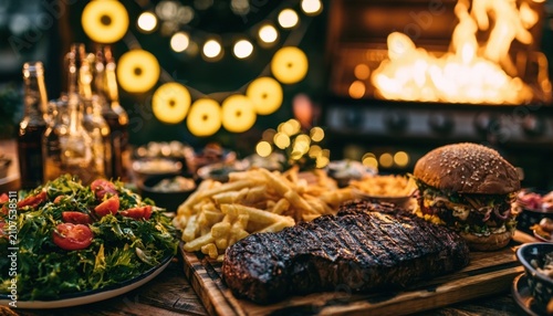 Delicious barbecue spread on a wooden table with grilled meats, crispy fries, fresh salad, and a burger, under warm string lights at an outdoor evening gathering