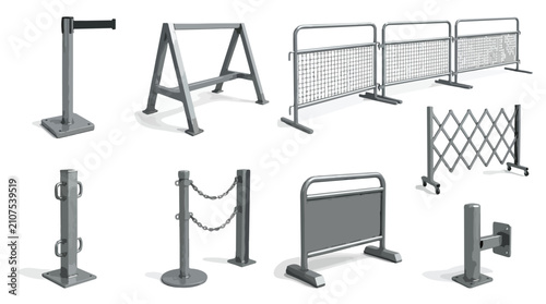 Fotografie Industrial metal crowd control barriers and security bollards set, 8 realistic s
