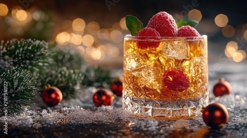 Festive raspberry cocktail, ice, winter, bokeh lights, snow