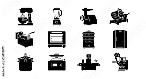 Fotografía Kitchen Appliance Icons Set, Food Processing Equipment Vector Graphics, Culinary