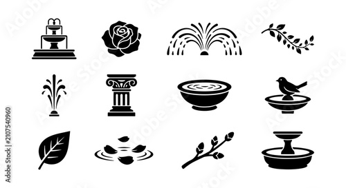Bild auf Leinwand Elegant Garden Icons: Fountain, Rose, Column, Bird Bath Vector Set
