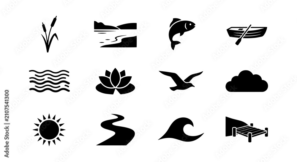 Obraz premium Nature Icons Set: Water, Wildlife, Landscape, Weather Elements Vector Graphics