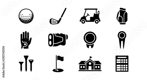 Bild auf Leinwand Golf Icons Set: Ball, Club, Cart, Bag, Glove, Rangefinder, Medal, Tee, Flag, Clu