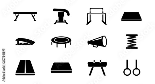 Gymnastics Equipment Icons, Sports Training Vector Set, Fitness Activity Symbols, Black and White Graphics