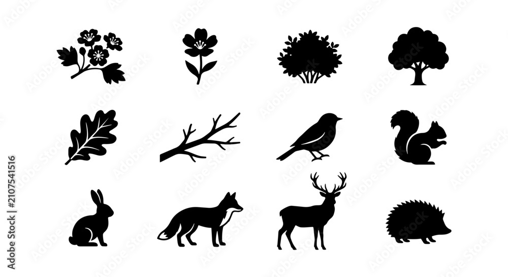 Obraz premium Black Silhouette Woodland Creatures and Nature Elements Vector Icons Set