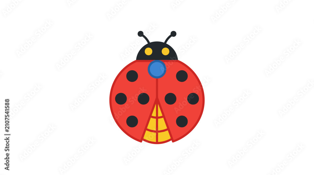 Naklejka premium Minimalist Vector Illustration of a Bright Red Ladybug with Black Spots and Patterned Wings on White Background