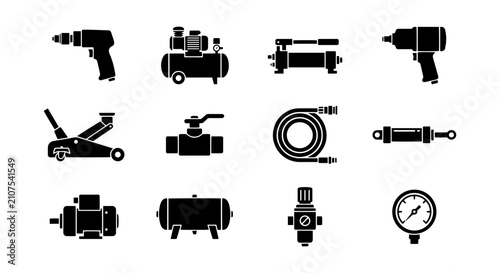 Industrial Tools and Equipment Icons: Air Compressor, Drill, Jack, Gauge, Motor, Valve, Hose, Cylinder