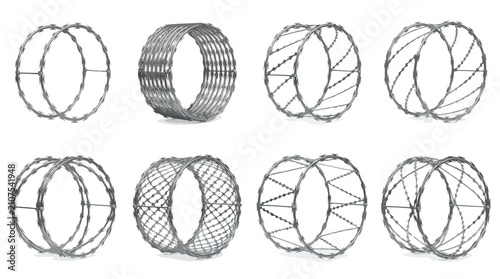 Foto Industrial razor wire coils set, 8 security barbed wire fence vector elements, m