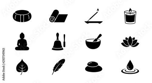 Zen Meditation Icons, Yoga Wellness Symbols, Spa Serenity Elements, Mindfulness Collection