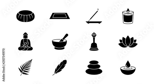 Zen Meditation Icons, Yoga Wellness Symbols, Spiritual Serenity Vector Set