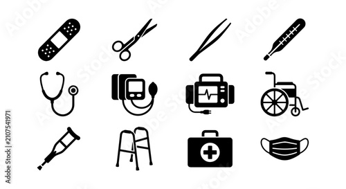Medical Icons Set: Healthcare Tools, Diagnostic Equipment, Mobility Aids, First Aid Kit, Face Mask