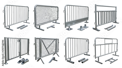Konstfotografi Metal crowd control barriers, set of 8 steel safety fence vectors, industrial po