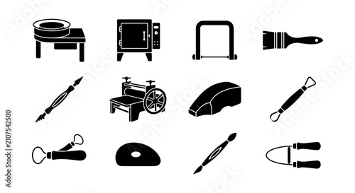 Photography Pottery Tools and Equipment Icons, Ceramic Craft Supplies, Black and White Vecto