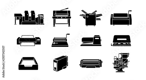 Foto Printing Press Icons, Office Equipment Vector Set, Graphic Design Tools, Busines