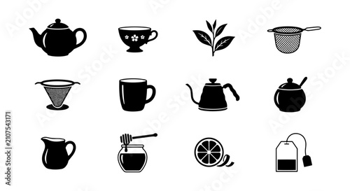 Quadro su tela Tea Time Icons: Kettle, Teapot, Cup, Sugar, Honey, Lemon, Tea Bag Vector Set