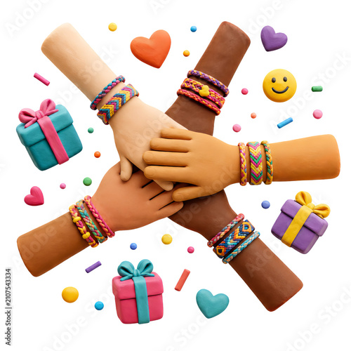 Three Colorful Friendship Hand Stacks with Hearts and Gifts