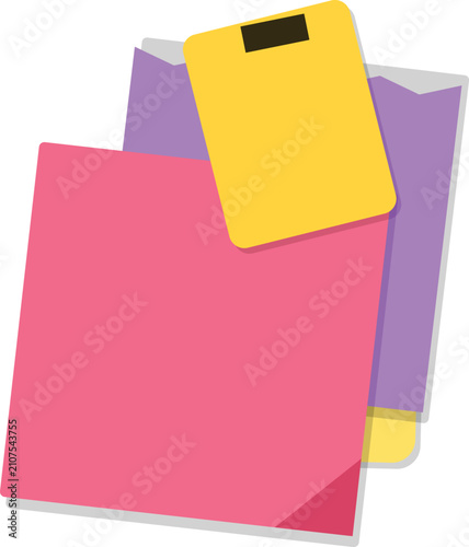 Organized Office Workspace Graphic with Pink Sticky Note, Purple Folder, and Yellow Clipboard for Business Planning and Productivity