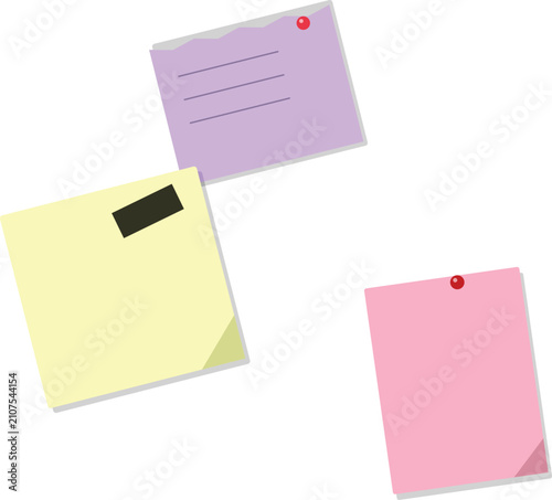 Three colorful sticky notes with a thumbtack on a white background