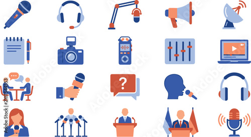 Journalism and Broadcasting Icon Set with Microphones Press Conference Headphones Audio Recorder and Media Interview Flat Vector Elements
