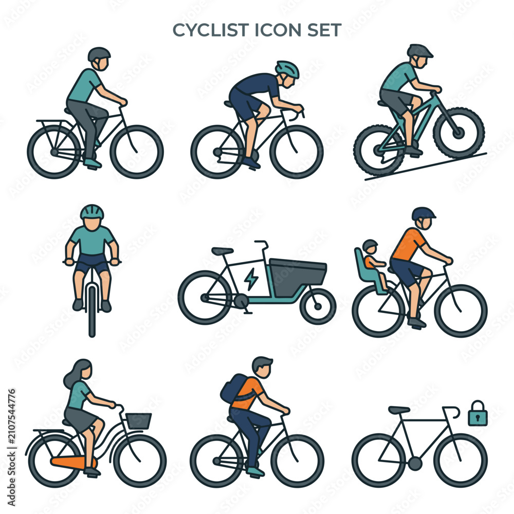 Obraz premium Cyclist Icon Set with Various Bicycle Types and Riders