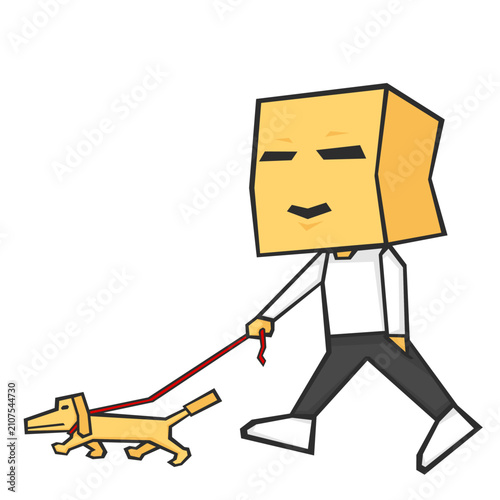A simple illustration of a meme of man with a cardboard box head walking with his cardboard dog