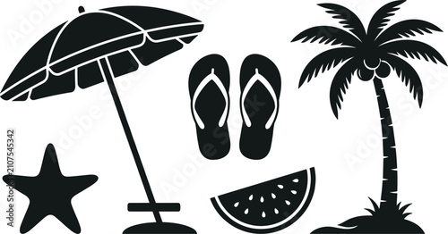 Bild auf Leinwand Summer beach vacation silhouette vector elements set featuring a large parasol umbrella, palm tree, flip flops, starfish, and a fresh watermelon slice