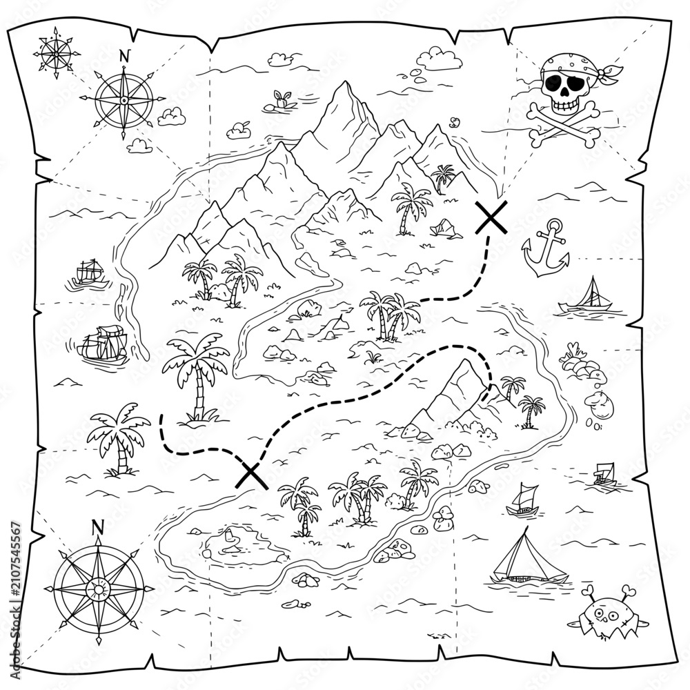 Fototapeta premium An old treasure map of an island with a skull, compass, ships, anchor and dotted line to 'X'