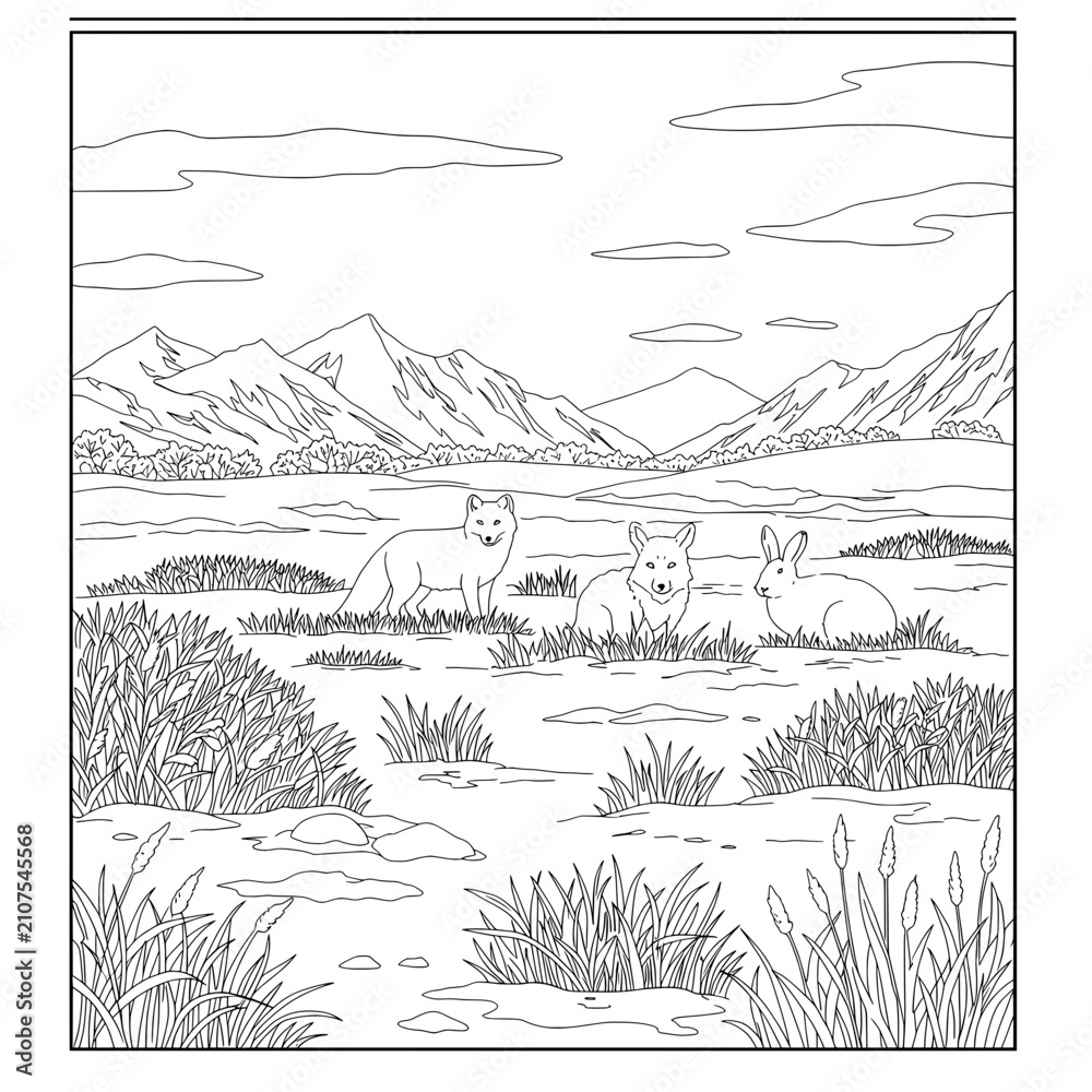 Fototapeta premium Mountainous landscape with animals, rendered as a line art drawing for coloring