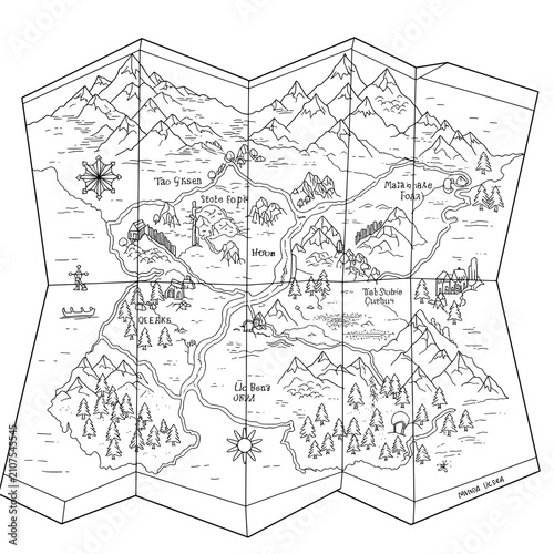 Fantasy map with mountains, rivers, settlements, and forests