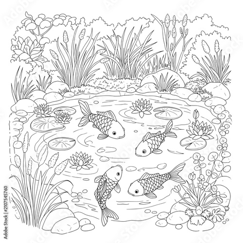 Line art with two fishes swimming in pond with lilies and various plants