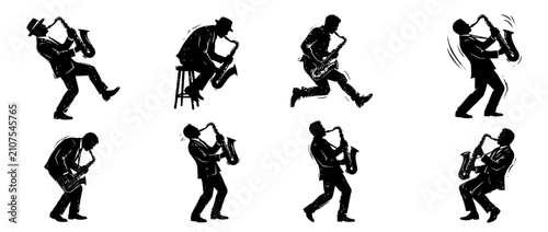 фотографія Silhouettes of musicians playing saxophone in various poses