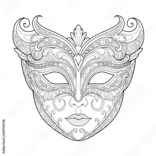 Intricate mask illustration featuring detailed patterns and ornate designs, perfect for coloring