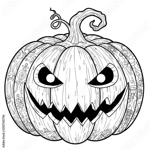 Detailed pumpkin illustration for coloring, with patterns and spooky eyes