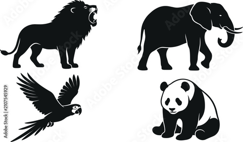 Fotografía Wild animals and zoo wildlife black silhouette vector icons set featuring roaring lion walking elephant flying macaw parrot and sitting panda bear