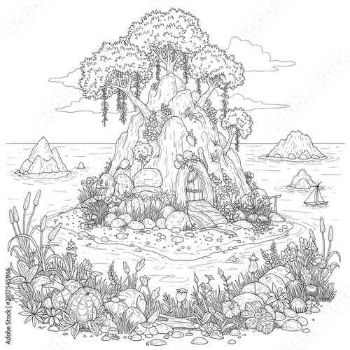 Isolated island with a dwelling, trees, and surrounding ocean, line art drawing style