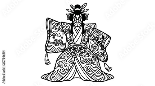 Bild auf Leinwand Elegant Black and White Line Art of a Traditional Japanese Nobleman in Ornate Ki