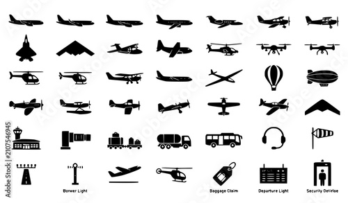 Konstfotografi Airplane Helicopter and Drone Black Silhouette Icon Pack