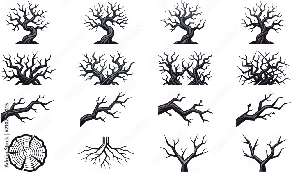 Fototapeta premium Spooky dead tree vector illustration set featuring creepy bare branches twisted trunks thorny bushes roots and cross section stump wood texture
