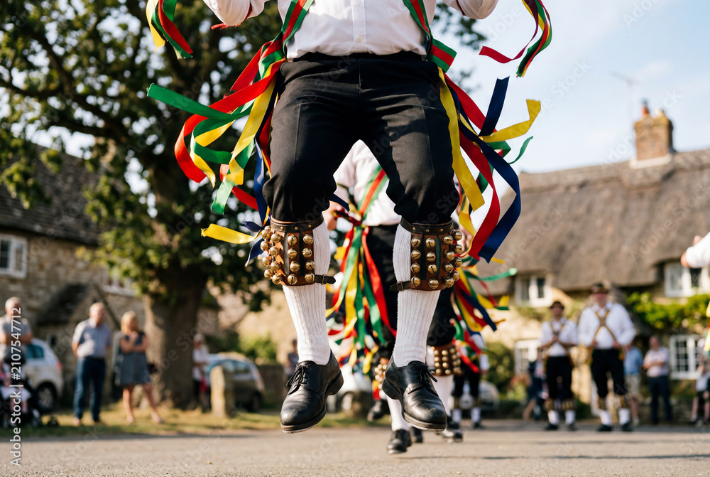 Fototapeta premium Morris dancer jumping with bells and ribbons at english festival